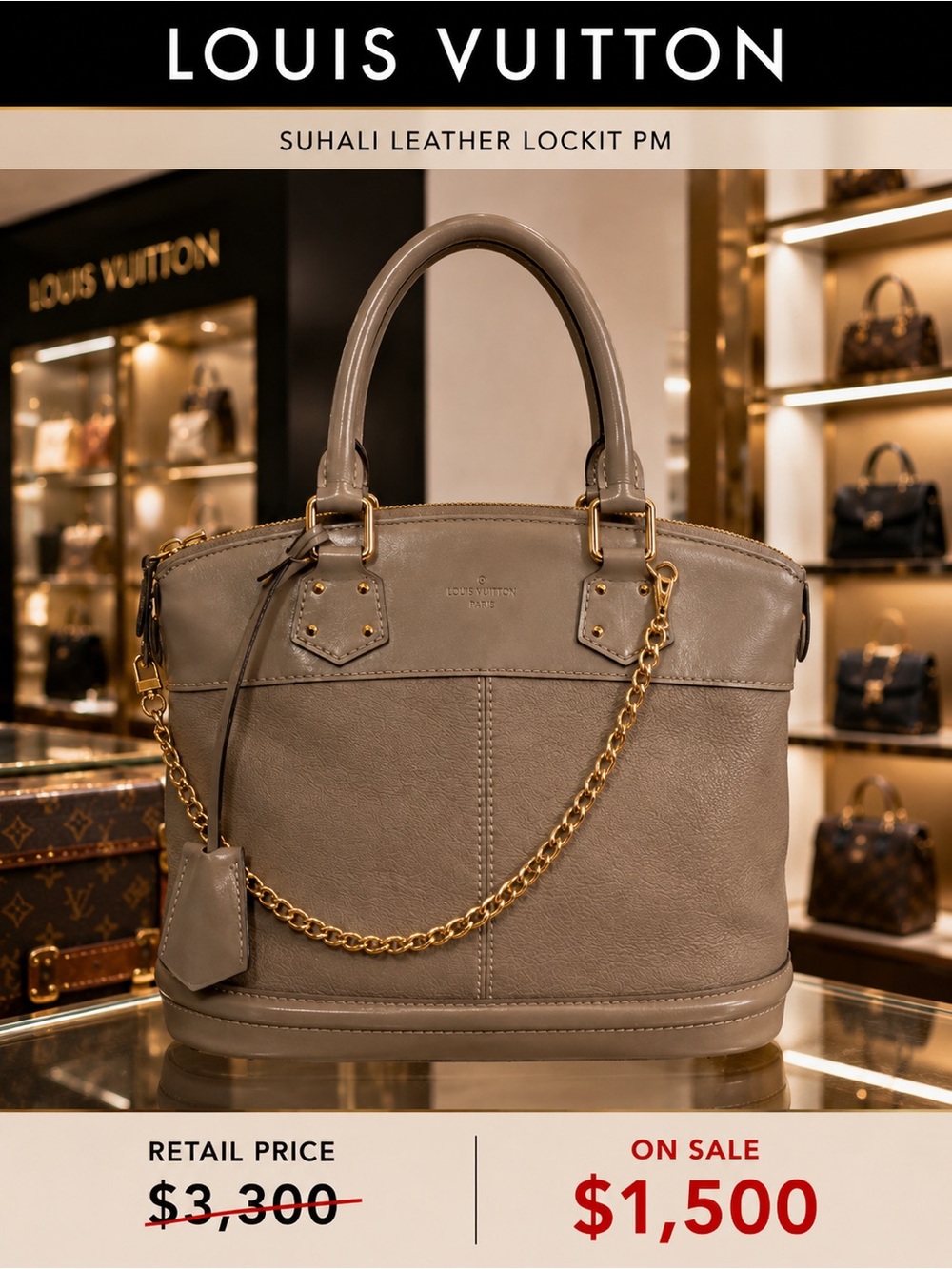 Louis Vuitton Suhali Leather Lockit PM Handbag in Taupe with Gold Chain
